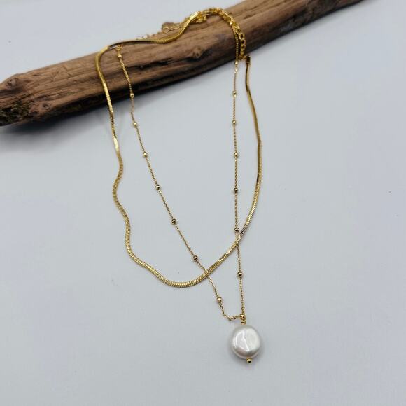 18K Gold Layered Pearl Chain Necklace - Picture 1 of 5